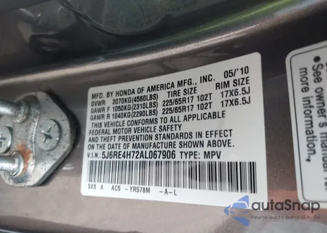 2010 Honda Cr-V Ex-L z USA, uszkodzony, nr VIN 5J6RE4H72AL067906